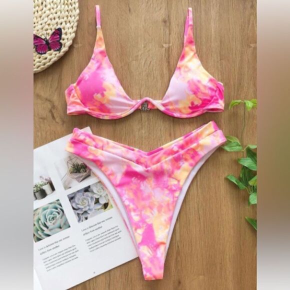 Pastel Pink Yellow Tie Dye Bikini Swimsuit Size XL - Picture 1 of 7